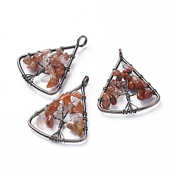 Carnelian Long-Lasting Plated Brass Pendants, Wire Wrapped Pendants, with Natural Carnelian Chips, Triangle with Tree, Red Copper, 39~40x30~31x4~8mm, Hole: 4.5mm