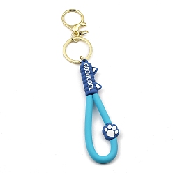 Deep Sky Blue Cat Paw Print PVC Rope Keychains, with Zinc Alloy Finding, for Bag Doll Pendant Decoration, Deep Sky Blue, 17.5cm