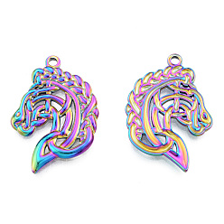 Rainbow Color Ion Plating(IP) 201 Stainless Steel Pendants, Horse, Rainbow Color, 31.5x22.5x2mm, Hole: 2mm