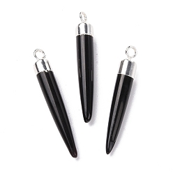 Black Onyx Colgantes de latón de ónix negro natural, sin plomo y cadmio, teñido y climatizada, con forma de bala, el color plateado de plata, 33~37x4~5 mm, agujero: 2 mm