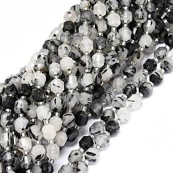 Quartz Rutilated Quartz naturel tourmaliné / perles de quartz rutile noires, avec des perles de rocaille, facette, Toupie, perles de prisme à double pointe, 7~8x7~8mm, Trou: 0.8mm, Environ 38 pcs/chapelet, 15.35 pouce (39 cm)