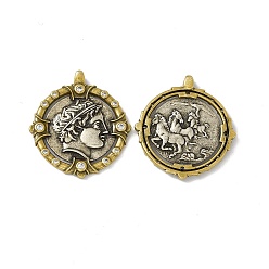 Antique Silver & Antique Golden Rack Plating Brass Micro Pave Clear Cubic Zirconia Pendants, Cadmium Free & Lead Free & Nickle Free, Flat Round with Greece Coin Charm, Antique Silver & Antique Golden, 28.5x26.5x4mm, Hole: 2.5x2mm