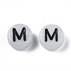Letter M Acrylic Beads, with Enamel and Luminous, Horizontal Hole, Flat Round with Black Letter, Glow in the Dark, Light Grey, Letter.M, 7x3.5mm, Hole: 1.5mm, about 3600~3700pcs/500g