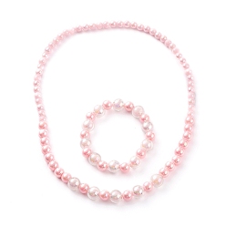 Pink Acrylic Beaded Bracelet & Necklace Set for Kids, with Transparent Bead In Bead & AB Color Plated & Opaque Acrylic Beads, Round, Pink, Inner Diameter: 4-1/8 inch(10.4cm), Inner Diameter: 1.85 inch(47mm)