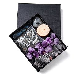 Labradorite Natural Labradorite & Quartz Crystal & Amethyst Bullet & Heart & Nugget & Chips Gift Box, Display Decorations, Pocket Worry Stone, Reiki Energy Stone Ornament, with Wood Slice, Package Size: 135x110x30mm