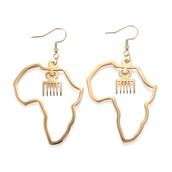 Real 18K Gold Plated 201 Stainless Steel Dangle Earrings, Africa Map, Adinkra Gye Nyame, Real 18K Gold Plated, 71mm, Pin: 0.8mm