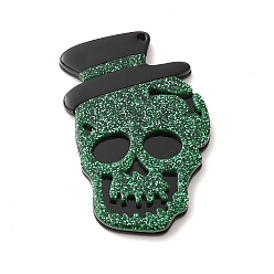 Green Halloween Acrylic Pendants,  with Sequins, Skull with Hat Charm, Green, 45x30x4mm, Hole: 2mm