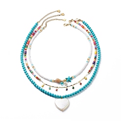 Golden 3Pcs 3Pcs Shell Pearl & Acrylic Heart & Enamel Pendant Necklaces Set, Dyed Synthetic Turquoise Starfish & Natural Shell Beaded Stackable Necklaces for Women, Golden, 15.94~20.00 inch(40.5~50.8cm), 1Pc/style
