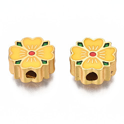 Gold Rack Plating Alloy Enamel Beads, Cadmium Free & Lead Free, Matte Gold Color, Flower, Gold, 11x11x5mm, Hole: 2mm