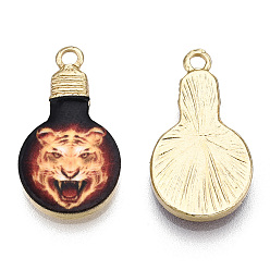 Tiger Printed Alloy Enamel Pendants, Lead Free & Nickel Free & Cadmium Free, Light Gold, Light Bulb Charm, Tiger Pattern, 22x12x2.5mm, Hole: 1.8mm