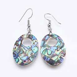 Platinum Abalone Shell/Paua Shell Dangle Earrings, with Brass Findings, Oval, Platinum, 53~54mm, Pin: 0.7mm