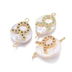 Taurus Natural Pearl Links connectors, with Brass Micro Pave Cubic Zirconia Findings, Flat Round with Constellation, Golden, Mixed Color, Taurus, 20~26x9~17x5~11mm, Hole: 1.6mm