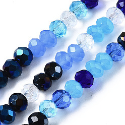 Dodger Blue Electroplate Glass Beads Strands, Faceted, Rondelle, Dodger Blue, 4.5x3.5mm, Hole: 1mm, about 140~143pcs/strand, 18.90 inch~19.29 inch(48cm~49cm)