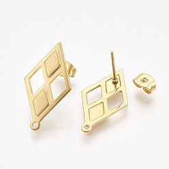 Golden 304 Stainless Steel Stud Earring Findings, with Ear Nuts/Earring Backs, Rhombus, Golden, 24x13.5mm, Hole: 1.2mm, Side Length: 12mm, Pin: 0.7mm