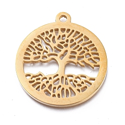 Golden Ion Plating(IP) 304 Stainless Steel Pendants, Manual Polishing, Flat Round with Tree of Life, Golden, 28.5x25.5x1.2mm, Hole: 2mm