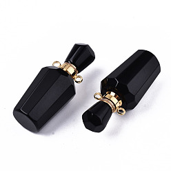 Obsidian Faceted Natural Obsidian Pendants, Openable Perfume Bottle, with Golden Tone Brass Findings, Bottle, 36x15.5x15mm, Hole: 1.8mm, Bottle Capacity: 1ml(0.034 fl. oz)