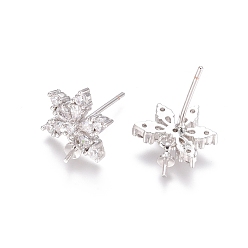 Platinum Brass Cubic Zirconia Stud Earring Findings, with Cup Pearl Peg Bails, Flower, Clear, Platinum, 15mm, Pin: 0.7mm