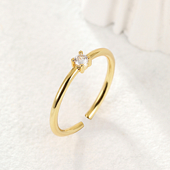 Golden Cubic Zirconia Open Cuff Ring, Brass Ring for Women, Golden, Inner Diameter: 16~18mm