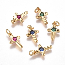 Mixed Color Brass Micro Pave Cubic Zirconia Tiny Cross Charms, with Jump Ring, Long-Lasting Plated, Golden, Mixed Color, 12.5x8x2mm, Hole: 3mm