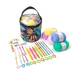 Color mezclado Diy muñeca hecha a mano tejer conjuntos de bolsos con patrón de hojas, conjunto de ganchos de crochet, material de hilo especial, color mezclado, 14.5x14 cm