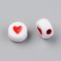 Red Opaque Acrylic Beads, Flat Round with Heart, Red, 7x4mm, Hole: 1.8mm, 3800pcs/500g