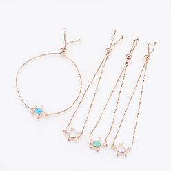 Mixed Color Adjustable Brass Bolo Bracelets, Slider Bracelets, Box chains, with Synthetic Opal, Turtle, Rose Gold, Mixed Color, 9-1/2 inch(24cm)x1mm