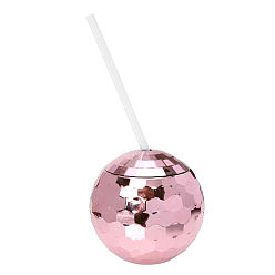 Pink Disco Ball Cup with Lid and Straw,  Cute Sparkly Glitter Cocktail Cup, for Party Supplies, Pink, 105mm