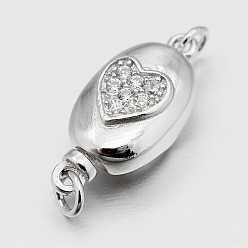 Platine Ovale avec coeur plaqué rhodium 925 fermoirs en argent sterling avec zircons cubiques, platine, 17x8x6mm, Trou: 2mm