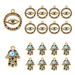 Golden 4Pcs 2 Style Brass Micro Pave Cubic Zirconia Charms, with Enamel, Hamsa Hand/Hand of Miriam & Ring with Evil Eye, Golden, 14x10~12x2mm, Hole: 1mm, 2pcs/style