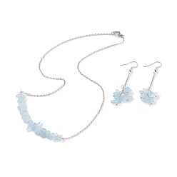 Aquamarine Natural Aquamarine Chips Beaded Jewelry Set, Gemstone Pendant Necklace & Cluster Dangle Earrings with 304 Stainless Steel Cable Chains for Women, Stainless Steel Color, 60mm, Pin: 0.6mm,19.29 inch(49cm)