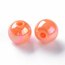 Corail Perles acryliques opaques, de couleur plaquée ab , ronde, corail, 10x9mm, Trou: 2mm, environ940 pcs / 500 g