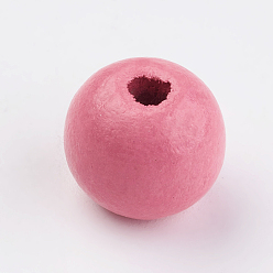 Ярко-Розовый Природных шарики древесины, окрашенные, круглые, ярко-розовый, 14x13 мм, Отверстие : 3.5~4.5 мм , около 680 шт / 500 г