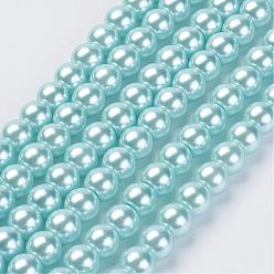 Aqua Eco-Friendly Glass Pearl Beads Strands, Grade A, Round, Dyed, Cotton Cord Threaded, Aqua, 14mm, Hole: 1.2~1.5mm, about 30pcs/strand, 15.7 inch