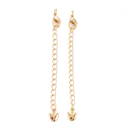 Real 18K Gold Plated Brass Chain Extender, with Curb Chains and Heart Charms & Lobster Claw Clasps, Nickel Free, Real 18K Gold Plated, 67mm, Clasp: 9.5x5x2.5mm