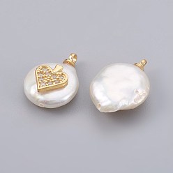 Real 18K Gold Plated Natural Cultured Freshwater Pearl Pendants, with Cubic Zirconia and Brass Findings, Long-Lasting Plated, Heart, Real 18K Gold Plated, 14~21x9~16x5~9mm, Hole: 1.5mm