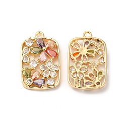 Colorful Real 18K Gold Plated Brass Pendant, with Glass, Rectangle with Flower Charms, Colorful, 25.5x16x4.5mm, Hole: 1.6mm