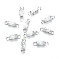 Real Platinum Plated Brass Clear Cubic Zirconia Links Connectors, Long-Lasting Plated, Rectangle, Real Platinum Plated, 15x4x3mm, Hole: 2.5mm