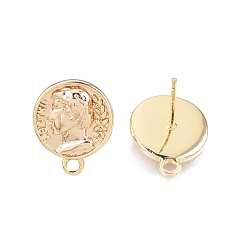 Real 18K Gold Plated Brass Stud Earring Findings, with Horizontal Loops, Coin Shape, Nickel Free, Real 18K Gold Plated, 14.5x12mm, Hole: 1.6mm, Pin: 0.8mm