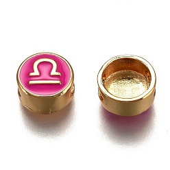 Libra Brass Beads, with Enamel, Flat Round with Constellation, Real 18K Gold Plated, Fuchsia, Libra, 10x5mm, Hole: 4.5x2.5mm