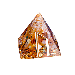 Yellow Agate Orgonite Pyramid Resin Display Decorations, with Brass Findings, Gold Foil and Natural Yellow Agate Chips Inside, for Home Office Desk, 50mm