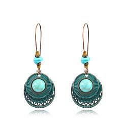 Turquoise Retro Alloy Dangle Earrings, with Natural Dyed Howlite, Flat Round, Red Copper, Turquoise, 62x24mm
