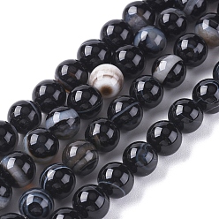 Black Natural Striped Agate/Banded Agate Beads Strands, Dyed & Heated, Round, Black, 4mm, Hole: 0.5mm, about 91~93pcs/strand, 14.96 inch(38cm)