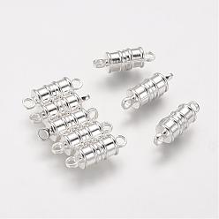 Silver Brass Magnetic Clasps with Loops, Nickel Free, Column, Silver Color Plated, 17x6mm, Hole: 2mm