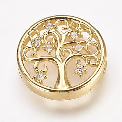 Golden Brass Micro Pave Cubic Zirconia Slide Charms, Flat Round with Tree, Golden, 15.5x4mm, Hole: 1.5x6mm