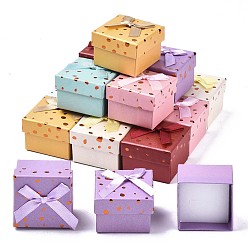 Mixed Color Cardboard Ring Boxes, with Bowknot Ribbon Outside and White Sponge Inside, Square, Mixed Color, 5~5.3x5~5.3x3.8~4cm