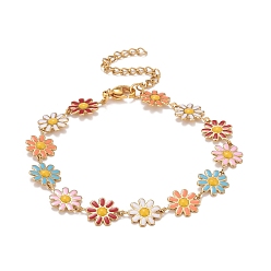 Colorful Enamel Daisy Link Chains Bracelet, Vacuum Plating 304 Stainless Steel Jewelry for Women, Golden, Colorful, 7-1/4 inch(18.4cm)