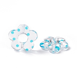 Deep Sky Blue Transparent Acrylic Beads, Flower with Polka Dot Pattern, Clear, Deep Sky Blue, 19x19.5x3.5mm, Hole: 1.6mm