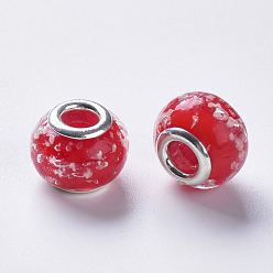 Red Handmade Luminous Lampwork European Beads, Large Hole Beads, with Silver Color Plated Brass Double Cores, Rondelle, Red, 14x11mm, Hole: 5mm