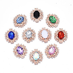 Mixed Color Alloy Cabochons, with Acrylic Rhinestone and Glass Rhinestone, Faceted, Flower, Rose Gold, Mixed Color, 32.5x29x6mm