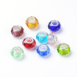 Mixed Color Handmade Glass European Beads, Large Hole Beads, Silver Color Brass Core, Mixed Color, 14x8mm, Hole: 5mm